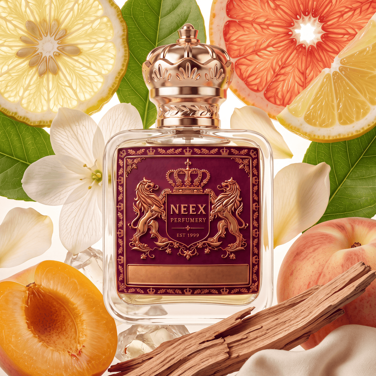 Neex Perfumery fragrance bottle with a deep maroon crest label, styled in an ingredient flat-lay surrounded by a halved fresh apricot, a whole fuzzy peach, sliced grapefruit, lemon, and bergamot citrus wheels, white orange blossom petals, lush green leaves, amber resin crystals, and natural wood strips.