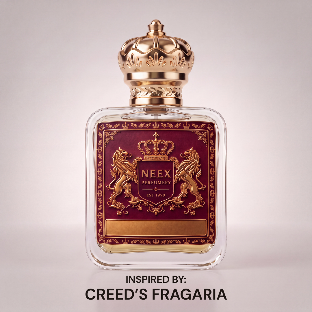 Neex Perfumery perfume bottle featuring a gold crown cap and deep maroon crest label, displayed against a clean, neutral studio background with text below indicating it is inspired by Creed's Fragaria.