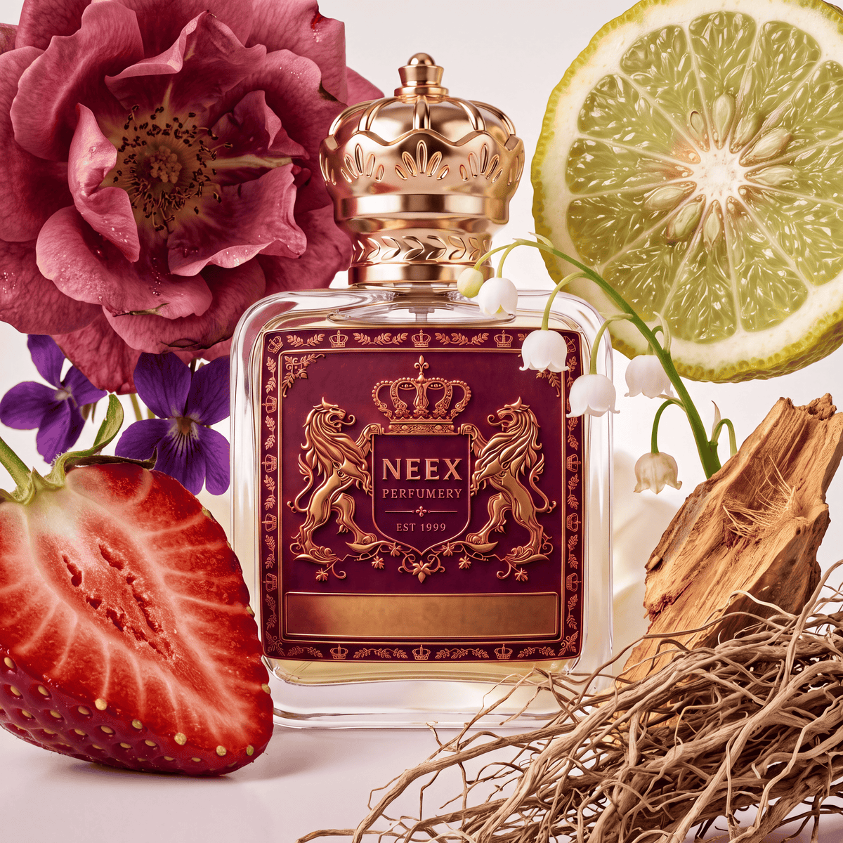 Neex Perfumery fragrance bottle with a deep maroon crest label, styled in an ingredient flat-lay surrounded by a large sliced strawberry, a full pink rose blooming at the top, a sliced bergamot citrus, delicate lily of the valley stems, vibrant purple violets, pieces of cedarwood, and dry vetiver roots.