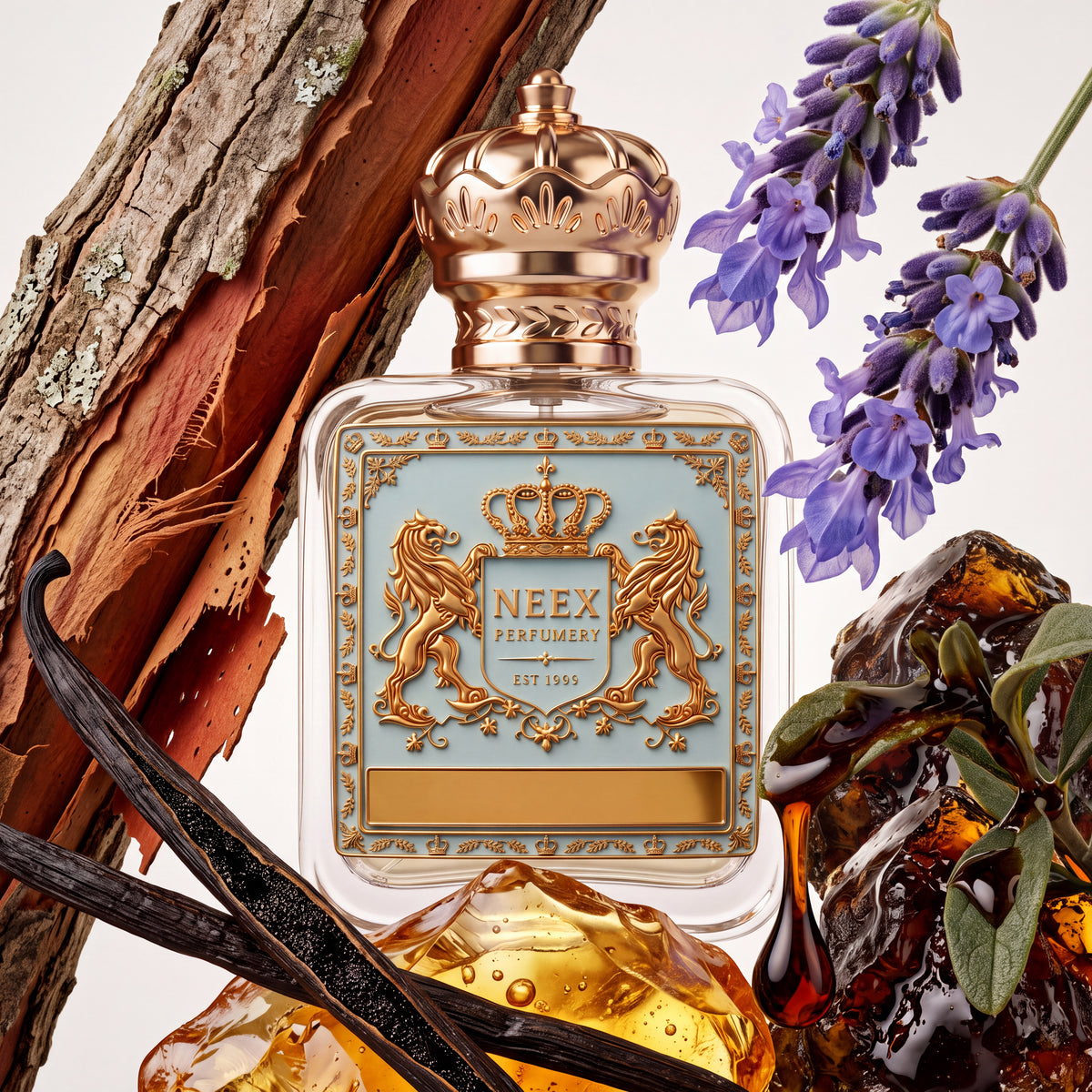 Neex Perfumery fragrance bottle with a light duck-egg blue crest label, styled in an ingredient flat-lay framed by natural tree bark, sprigs of purple lavender, dark vanilla pods, translucent amber resin chunks, and a glossy drop of dark resin syrup.