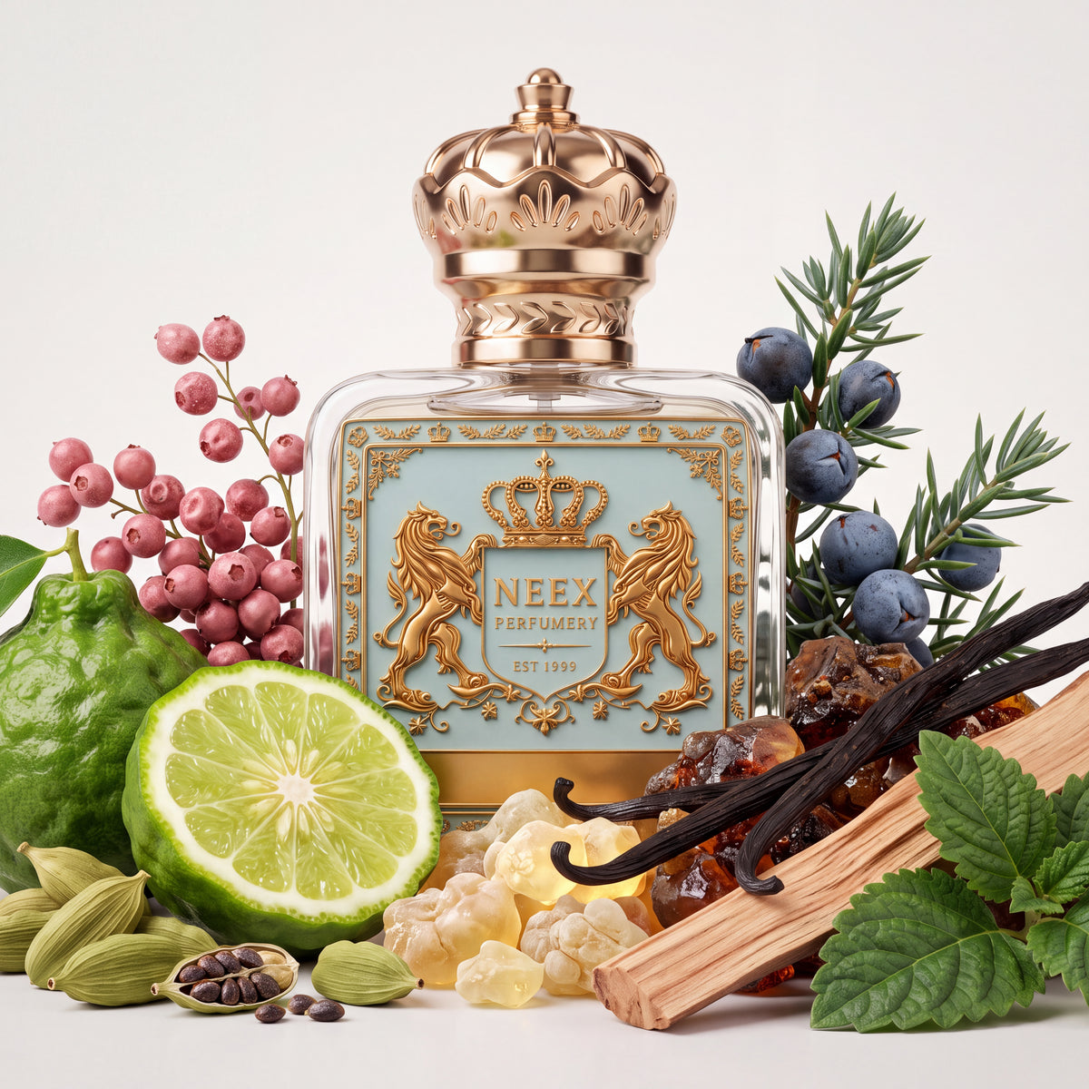 Neex Perfumery Neex Bright Wood perfume bottle with gold crown cap and light blue label, surrounded by raw fragrance ingredients including sliced bergamot, pink peppercorns, juniper berries, green cardamom pods, frankincense resin, vanilla pods, amber chunks, mint leaves, and a sandalwood stick.