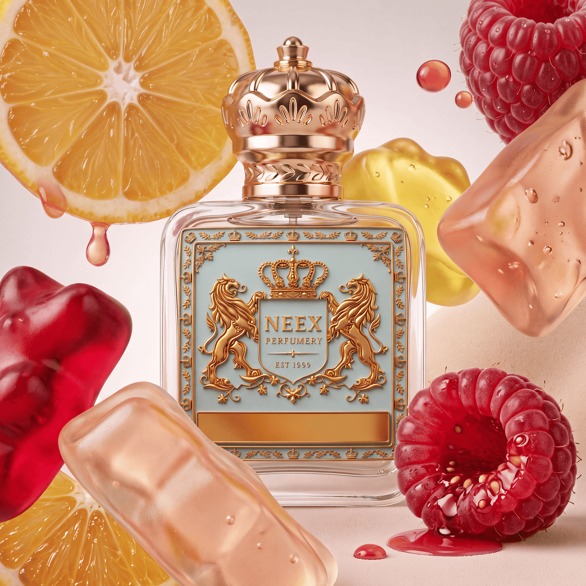 Neex Perfumery fragrance bottle with a light duck-egg blue crest label, styled in a playful ingredient flat-lay surrounded by glossy red gummy bears, translucent pink bubblegum pieces, fresh juicy raspberries with liquid droplets, and bright orange citrus slices.