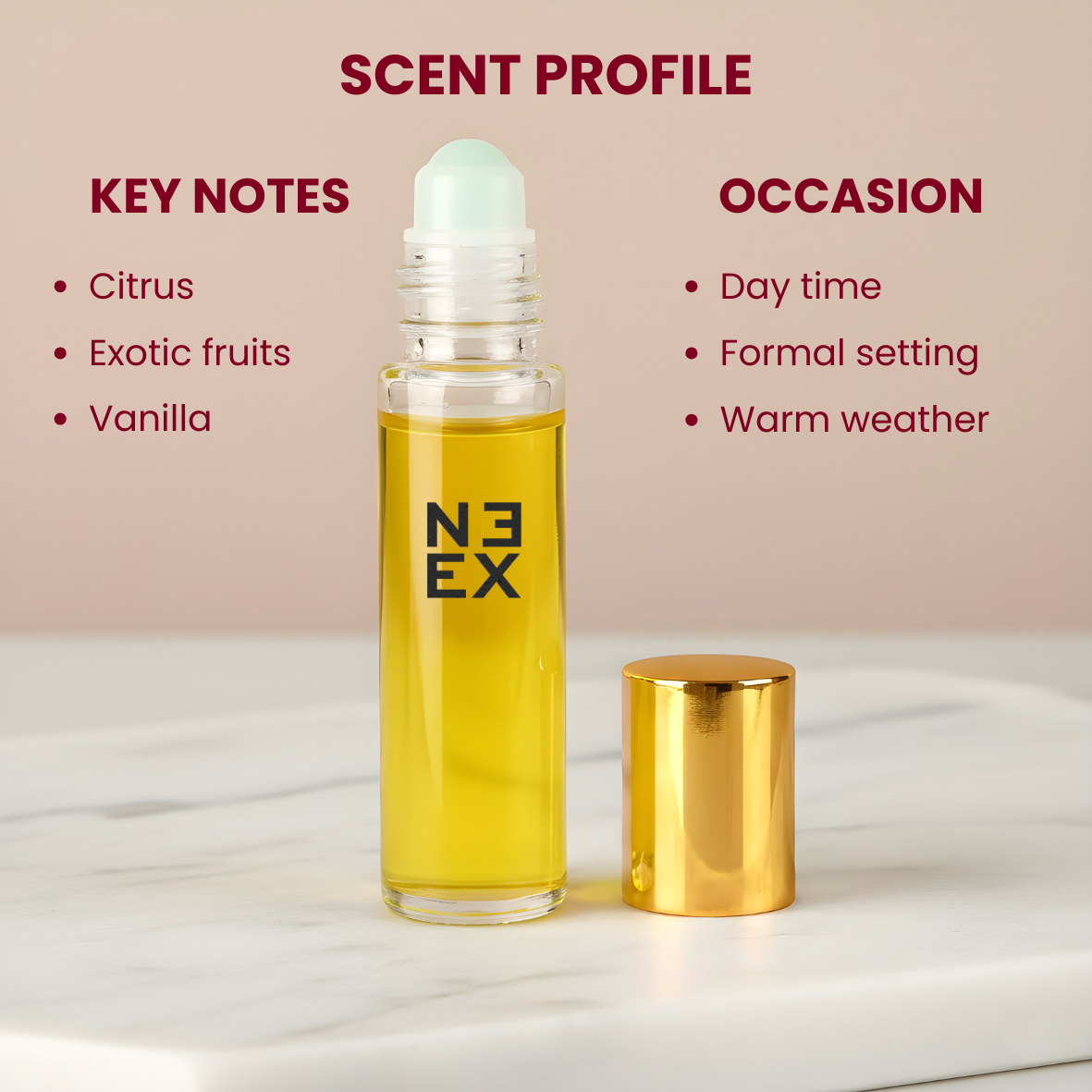 Concentrated amber fruity perfume oil with notes of Mediterranean fruits, white musk, and Madagascar vanilla – vibrant & velvety.