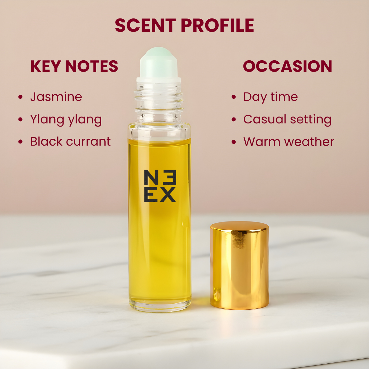 Concentrated solar floral perfume oil with notes of radiant blossoms, black currant, and warm sandalwood – intimate & elegant.