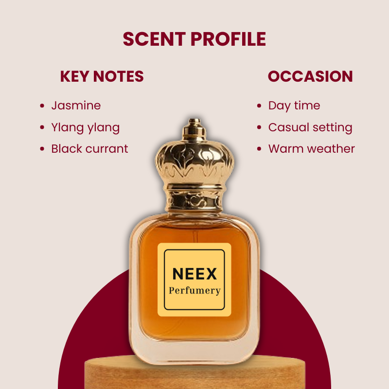 Luminous floral fragrance with a vibrant heart of jasmine, ylang-ylang, and a hint of black currant – elegant & sparkling.