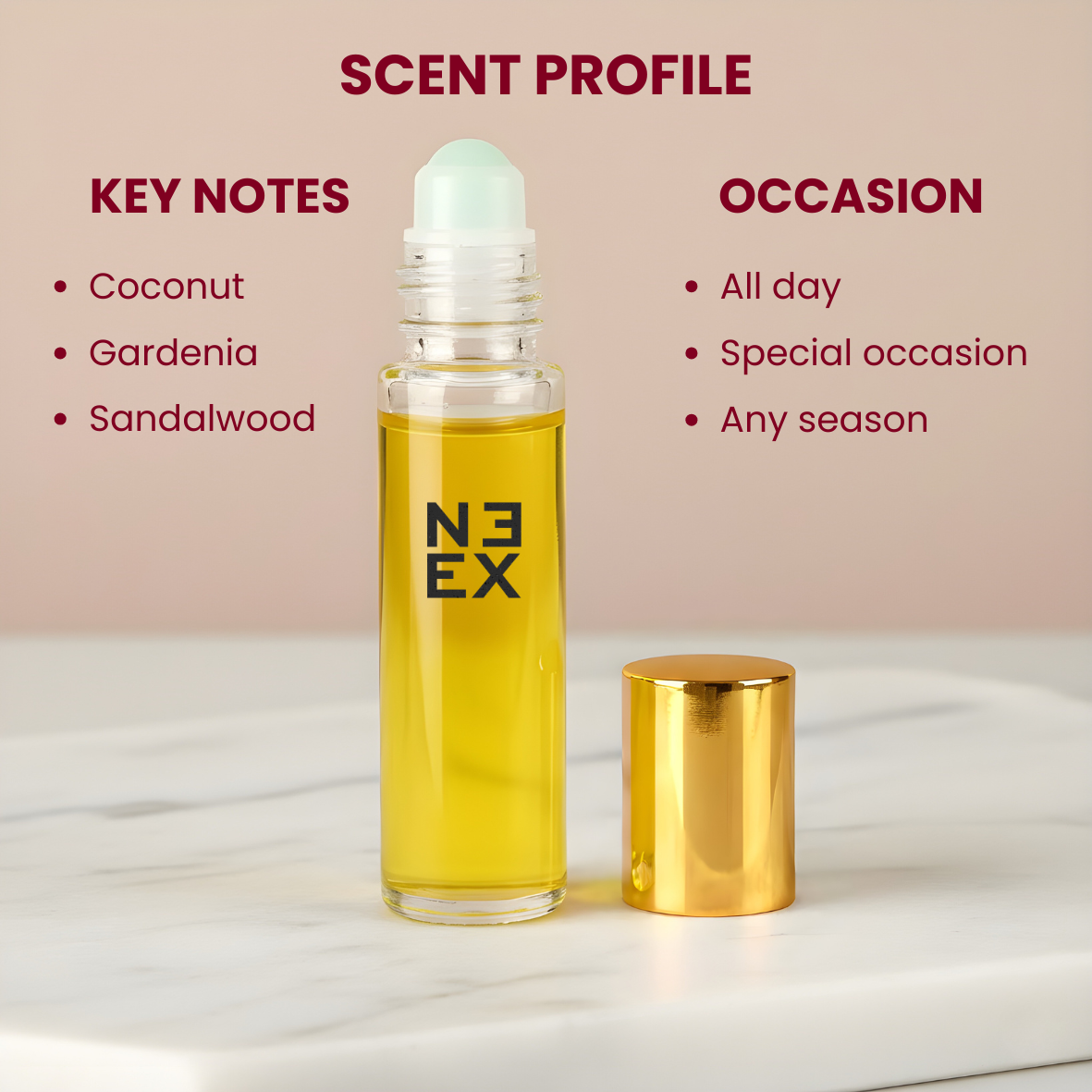 Concentrated amber floral perfume oil with notes of gardenia, peony, and creamy coconut – dark & mysterious.