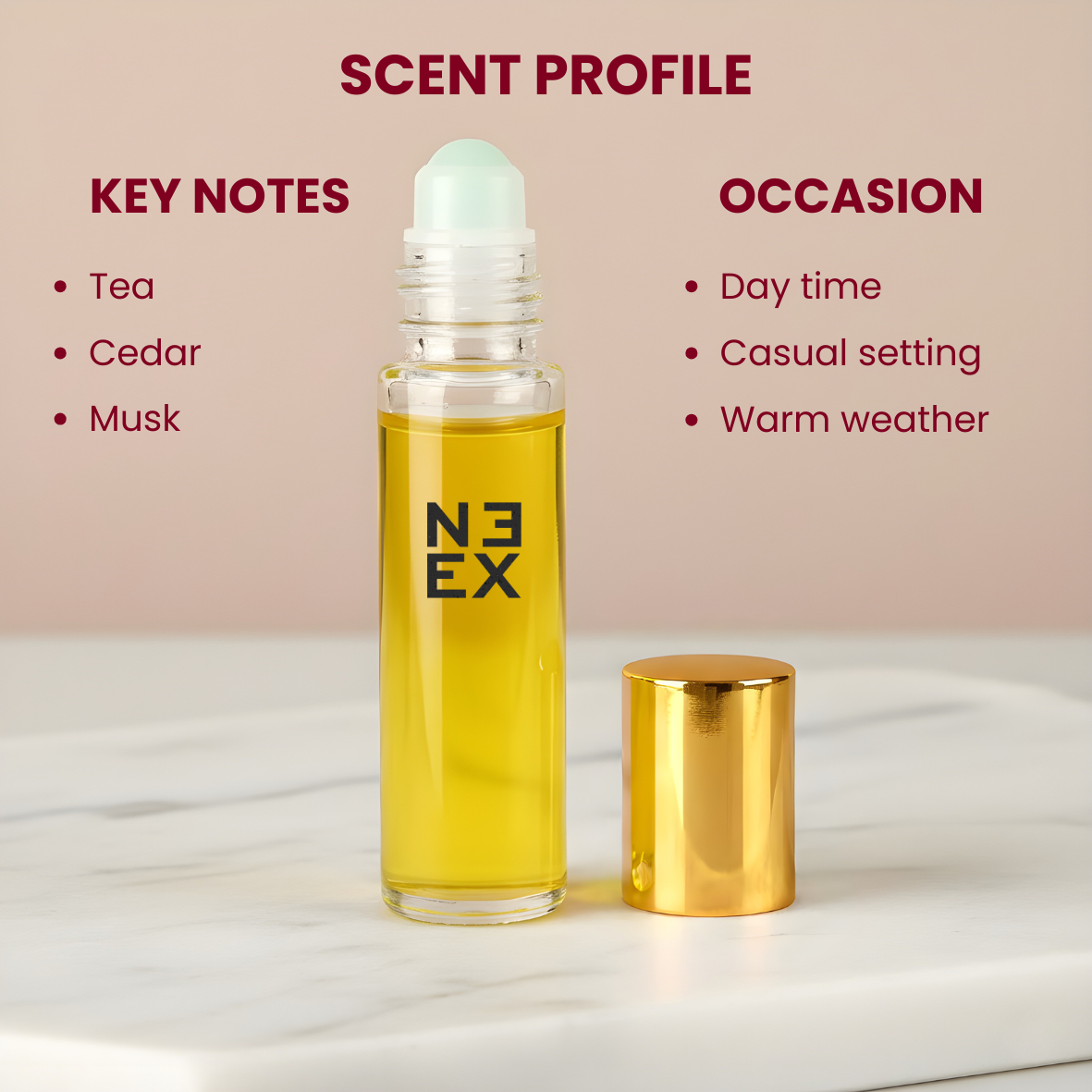Concentrated floral green perfume oil with notes of delicate peach blossom, fresh citrus leaves, and light amber – intimate & clean.