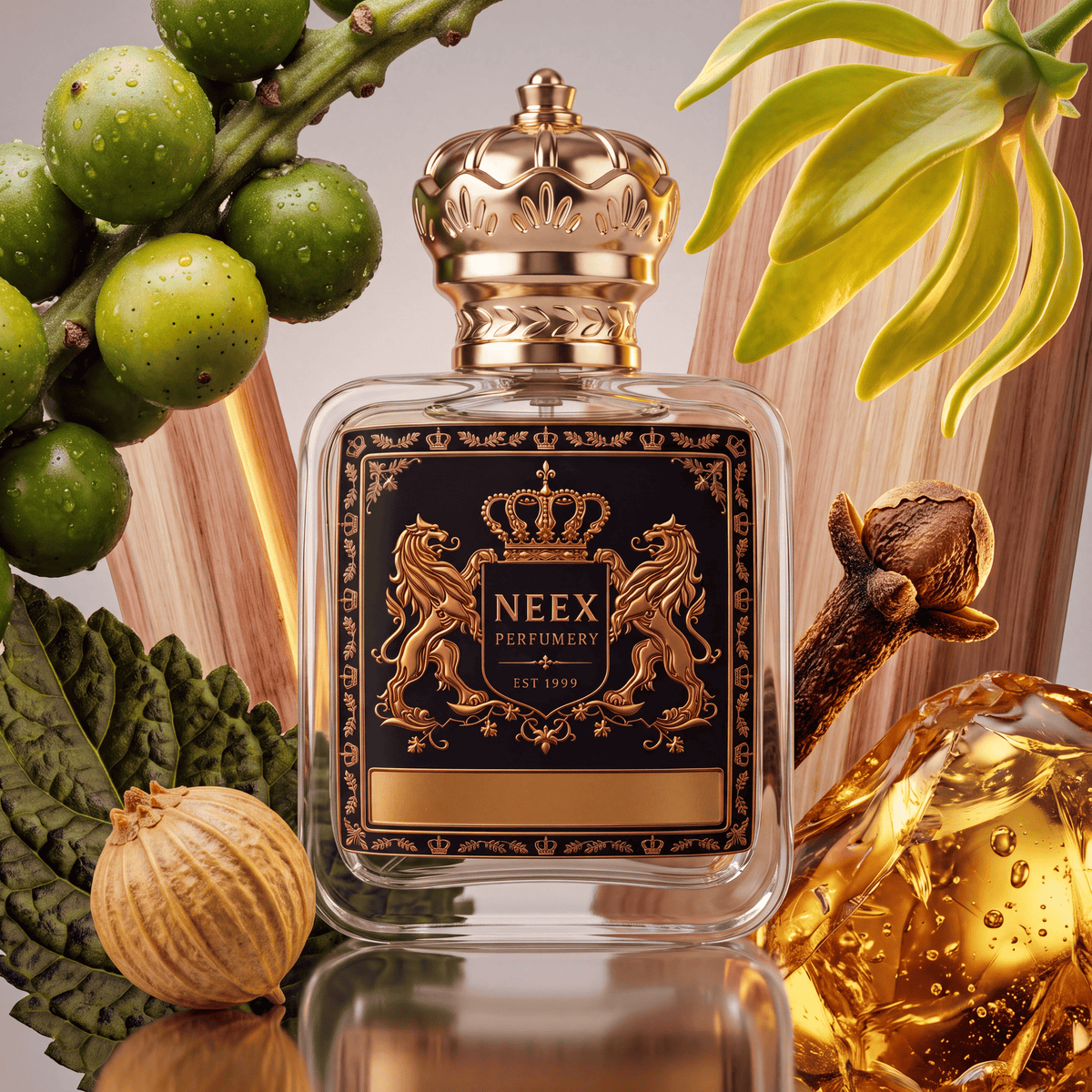 Neex Perfumery fragrance bottle with a black crest label, artfully surrounded by green coriander berries on a stem, yellow ylang-ylang petals, a dried clove bud, coriander seeds, patchouli leaves, and golden amber resin.