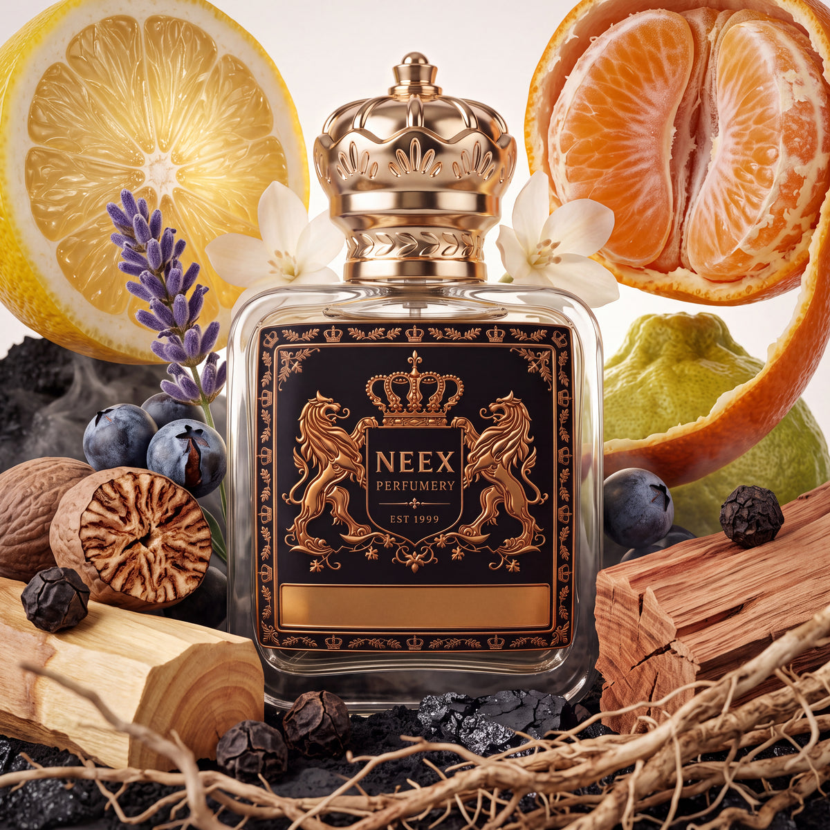 Neex Perfumery fragrance bottle with a black and gold crest label, styled in an ingredient flat-lay surrounded by a large slice of yellow lemon, a peeled mandarin orange, a sprig of purple lavender, white jasmine blossoms, juniper berries, whole nutmeg, black peppercorns, cedarwood blocks, vetiver roots, and black coal pieces.