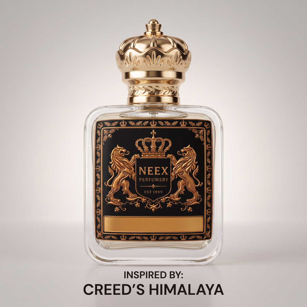Neex Perfumery perfume bottle with a gold crown cap and black and gold crest label, displayed against a clean studio backdrop with text underneath reading "INSPIRED BY: CREED'S HIMALAYA".