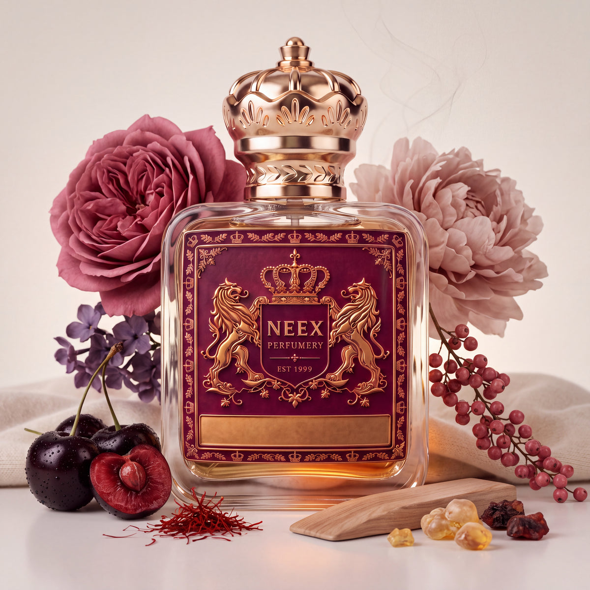 Neex Perfumery fragrance bottle with a deep maroon crest label, styled in an ingredient flat-lay framed by dark red cherries, crimson rose petals, a soft pink peony, purple lilac blossoms, red peppercorns, vibrant saffron threads, frankincense resin pieces, and a smooth wooden strip.