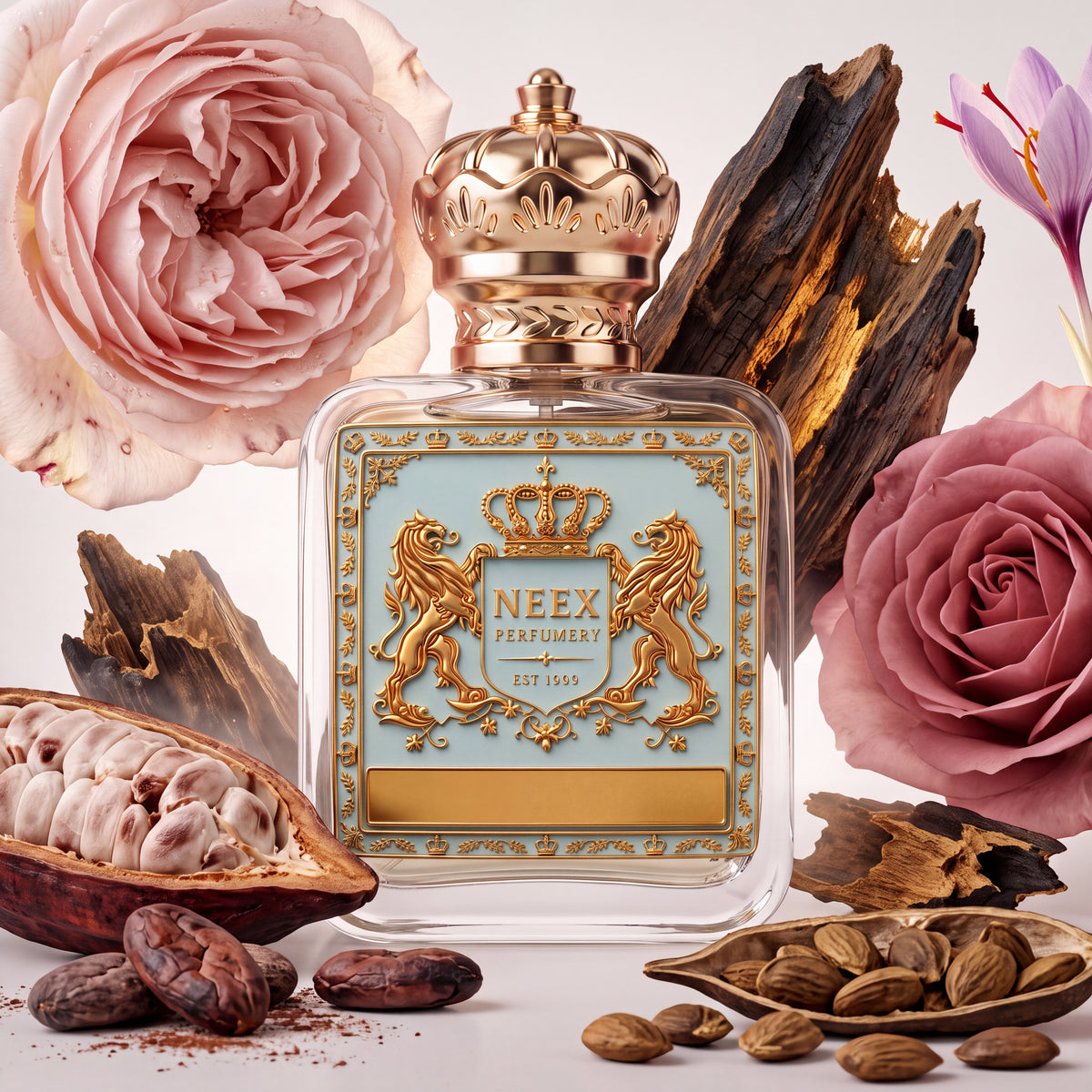 Neex Perfumery fragrance bottle styled in an ingredient flat-lay framed by large pale pink and dusty mauve rose blooms, rich agarwood pieces, a cut open cocoa pod with raw cocoa beans, an open pod displaying seeds, and a single purple saffron crocus flower.