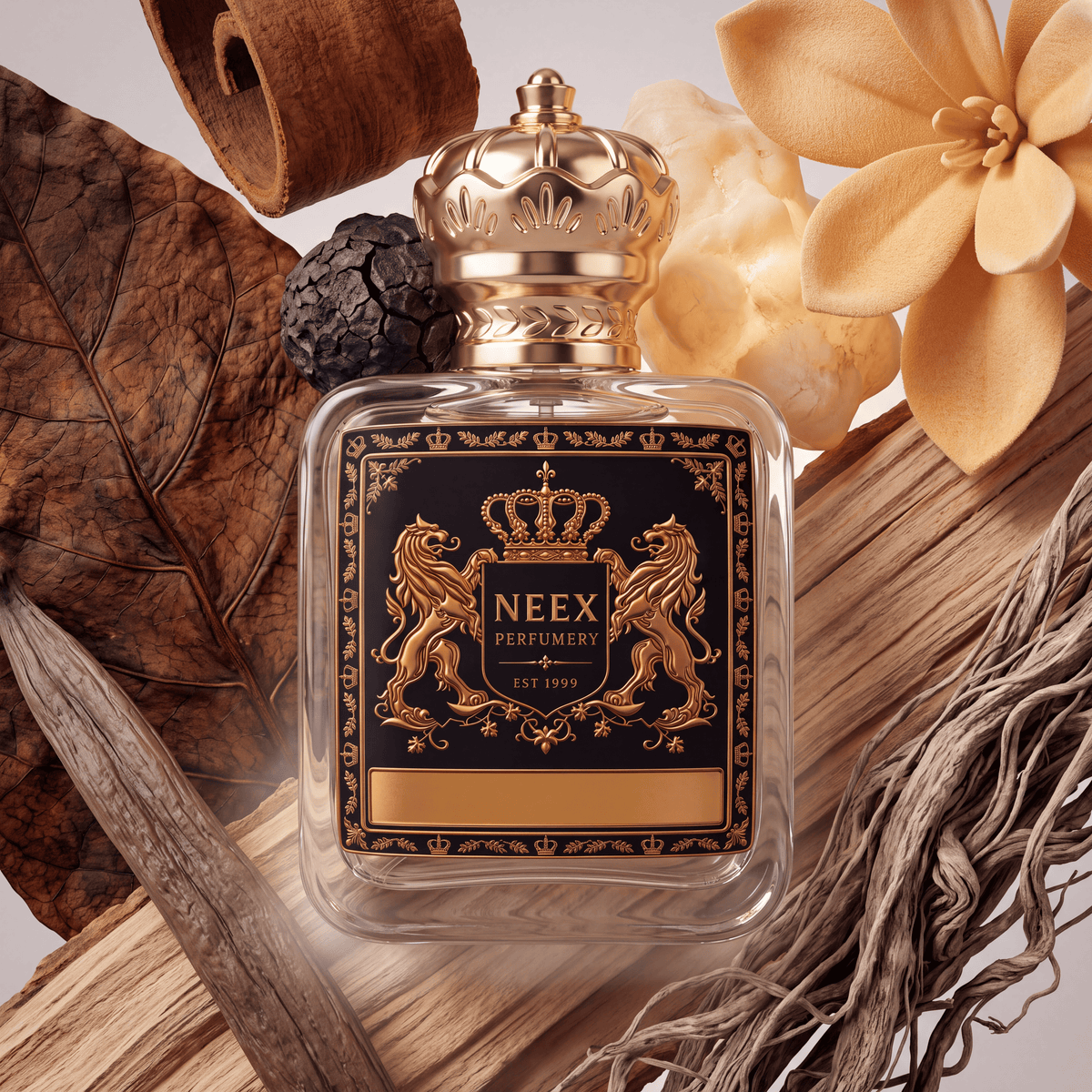 Neex Perfumery perfume bottle featuring an ornate gold crown cap and a dark black crest label with gold metallic heraldry, compositionally styled alongside a large dried brown tobacco leaf, rolled cinnamon bark, a whole black truffle stone, a warm yellow floral blossom, driftwood planks, and tangled vetiver roots.   