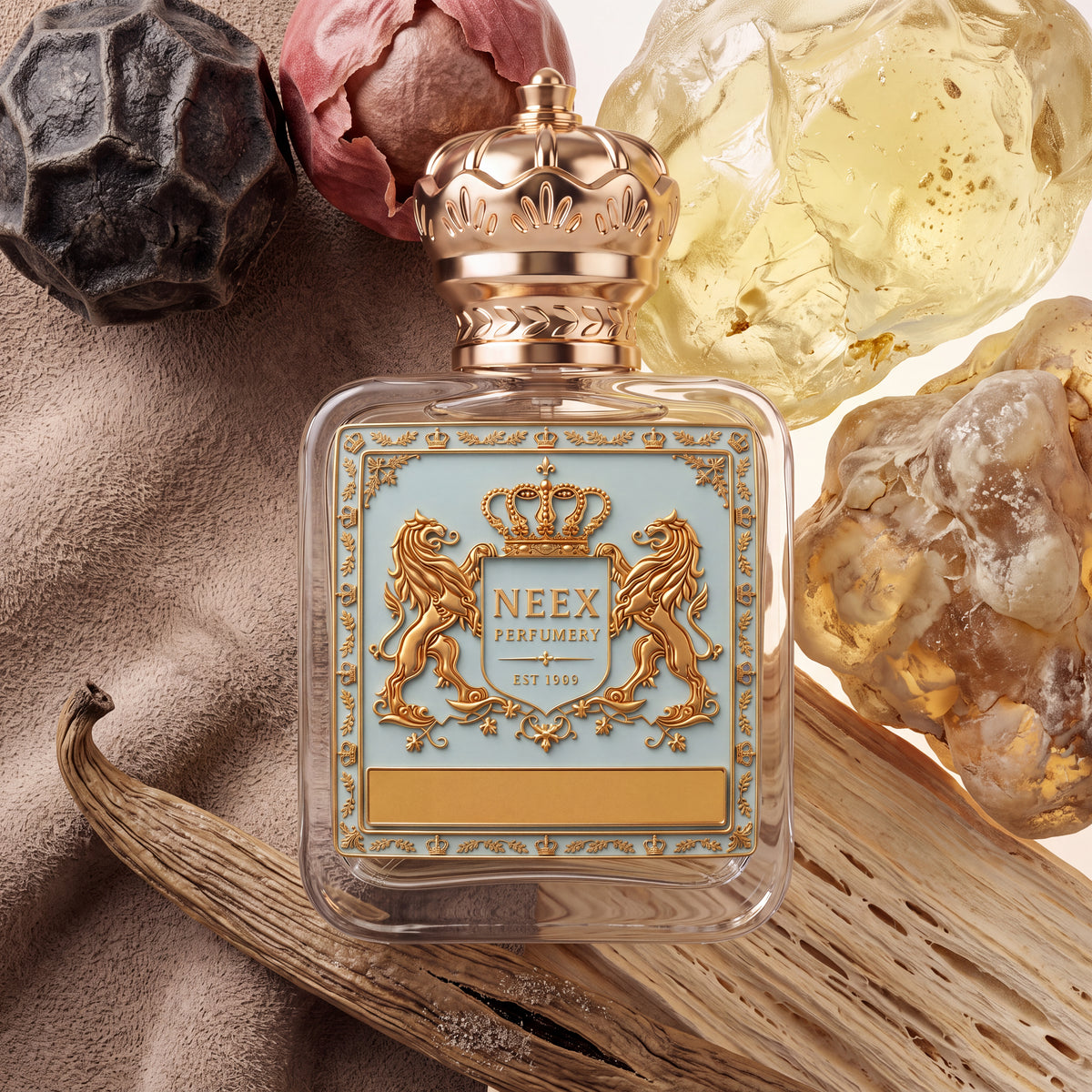 Neex Perfumery perfume bottle topped with an ornate gold crown cap and featuring a light pastel blue crest label with gold metallic heraldry, resting against textured suede fabric and weathered wood slats, framed by a whole black peppercorn, a dried botanical bud, clear copal resin, crystalline mineral stones, and cured vanilla pods.
