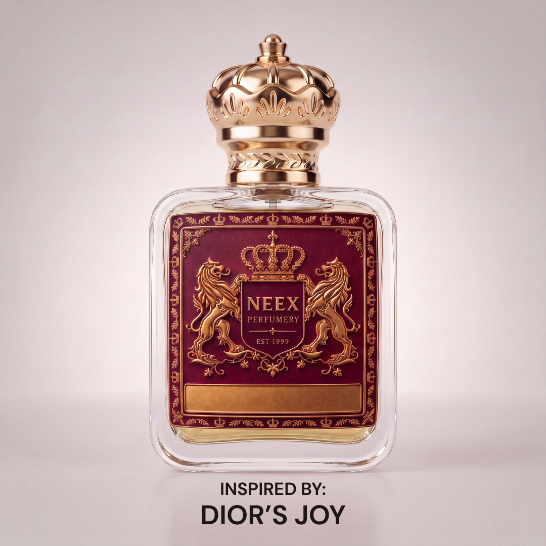 Neex Perfumery perfume bottle featuring an ornate gold crown cap and a rich burgundy crest label with gold metallic detailing, centered against a seamless studio background with text reading "INSPIRED BY: DIOR'S JOY".