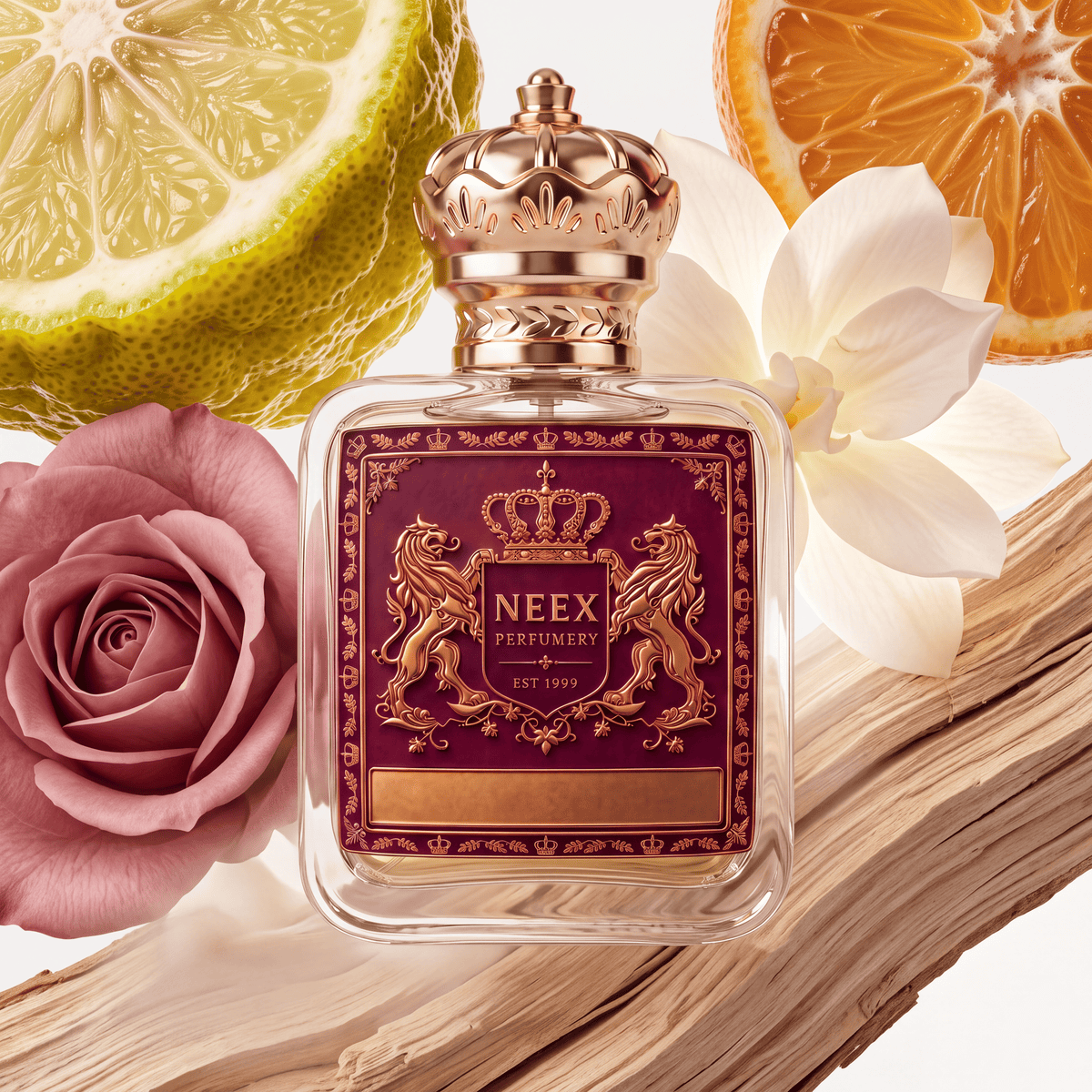 Neex Perfumery perfume bottle featuring an ornate gold crown cap and a rich deep magenta crest label with gold metallic detailing, surrounded by fresh citrus and floral elements including a halved bergamot or green lemon, a juicy sliced orange, a dusty mauve-pink rose blossom, a large white jasmine blossom, and a light weathered wooden branch.   