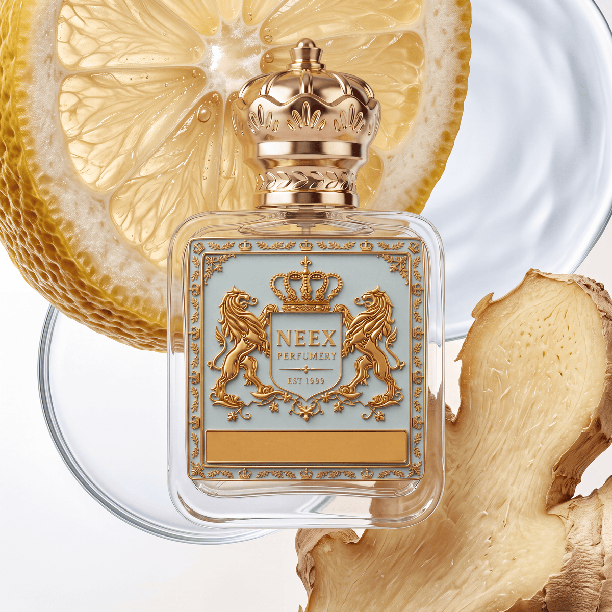 Neex Perfumery perfume bottle featuring an ornate gold crown cap and a light pastel blue crest label with gold metallic detailing, surrounded by fresh accord notes including a large juicy lemon cross-section, fresh ginger root, a clear round glass lens disc, and rippling clear water in the background.   