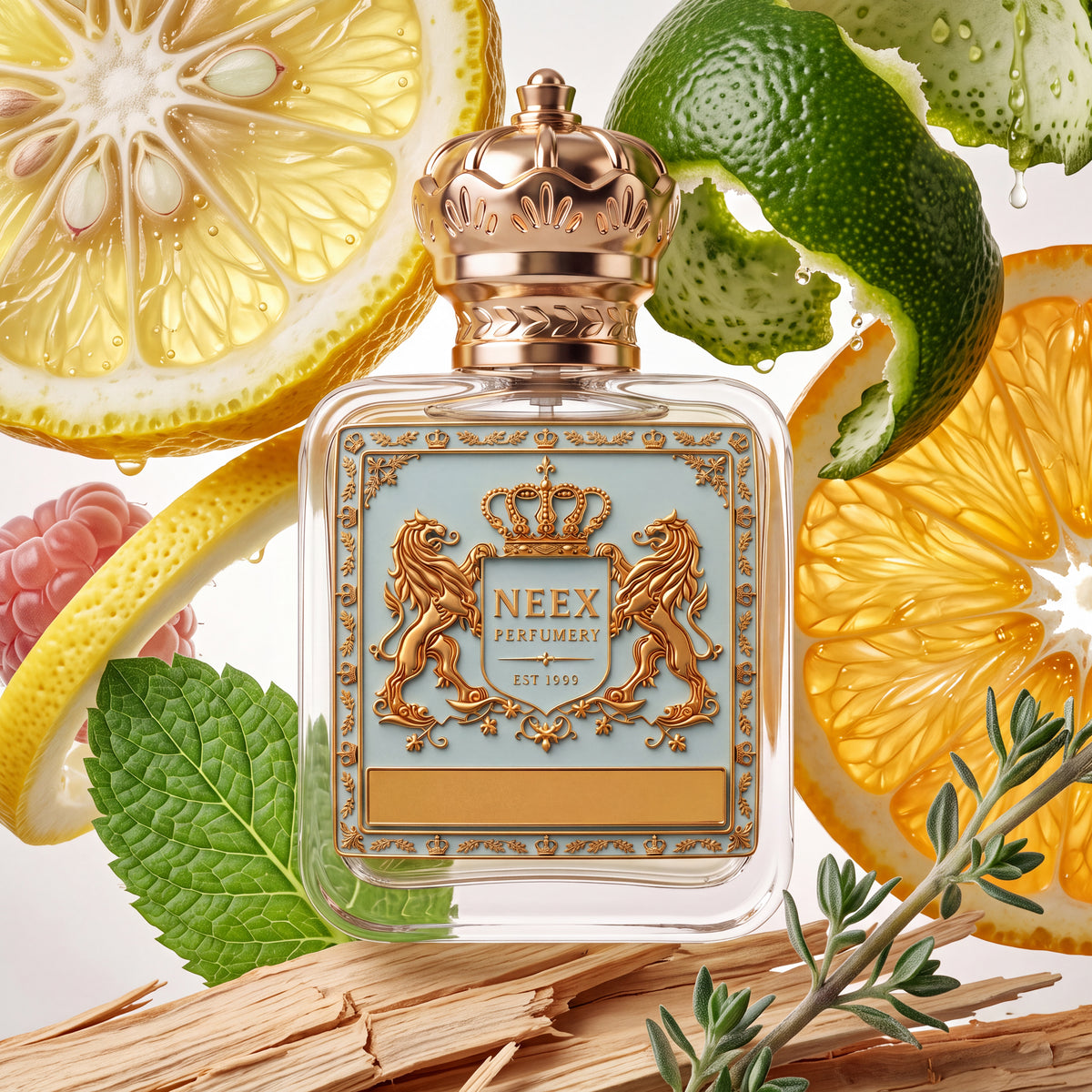 Neex Perfumery perfume bottle featuring an ornate gold crown cap and a light pastel blue crest label with gold metallic detailing, surrounded by dynamic citrus elements including a juicy lemon slice, curling lime peels with water droplets, a bright orange wheel, fresh mint leaves, a sprig of thyme, a red berry, and light wood shavings against a soft background.