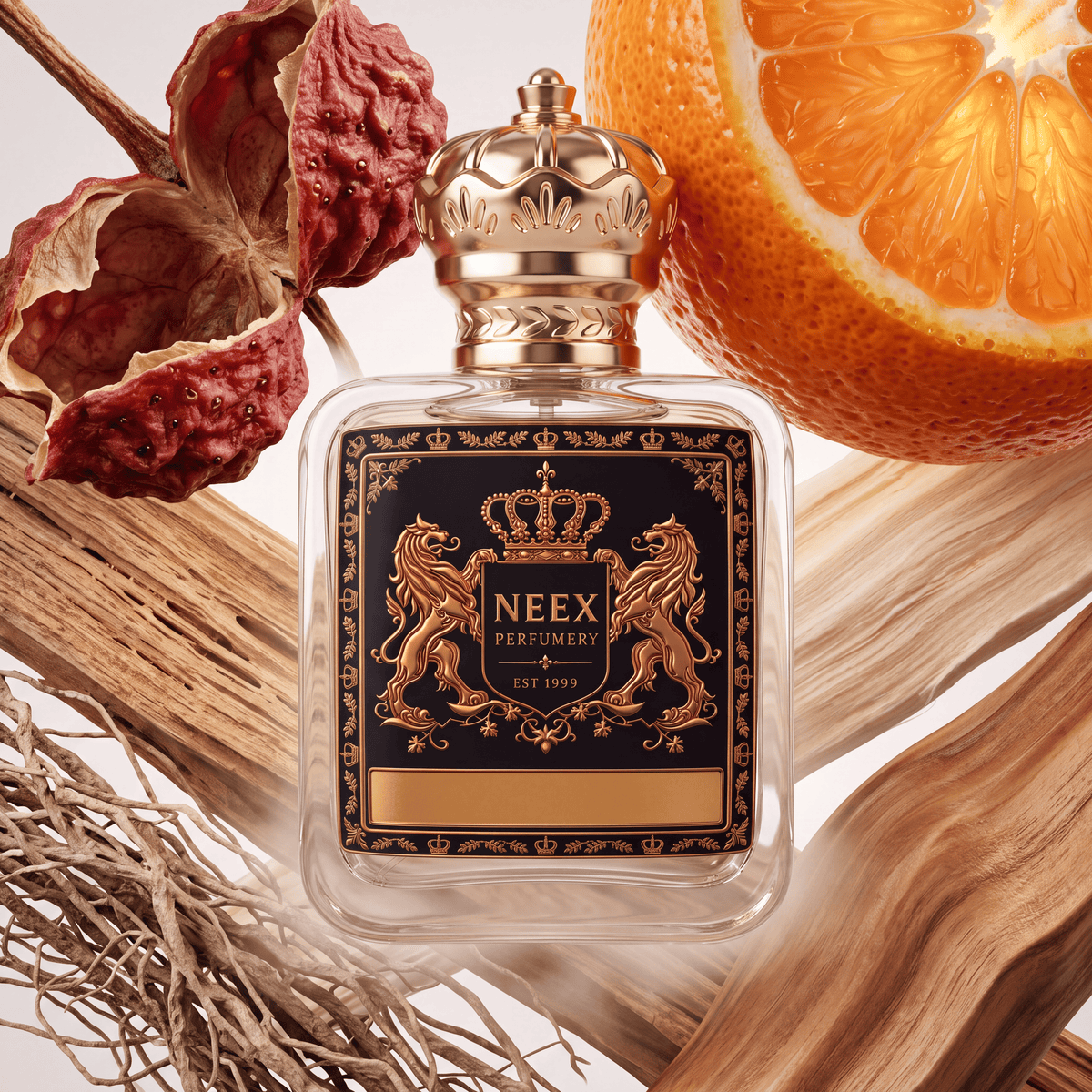 Neex Perfumery perfume bottle featuring an ornate gold crown cap and a dark black crest label with gold metallic detailing and lions heraldry, surrounded by a juicy halved orange, dried botanical seed pods, fine woven fibers, and polished driftwood logs.