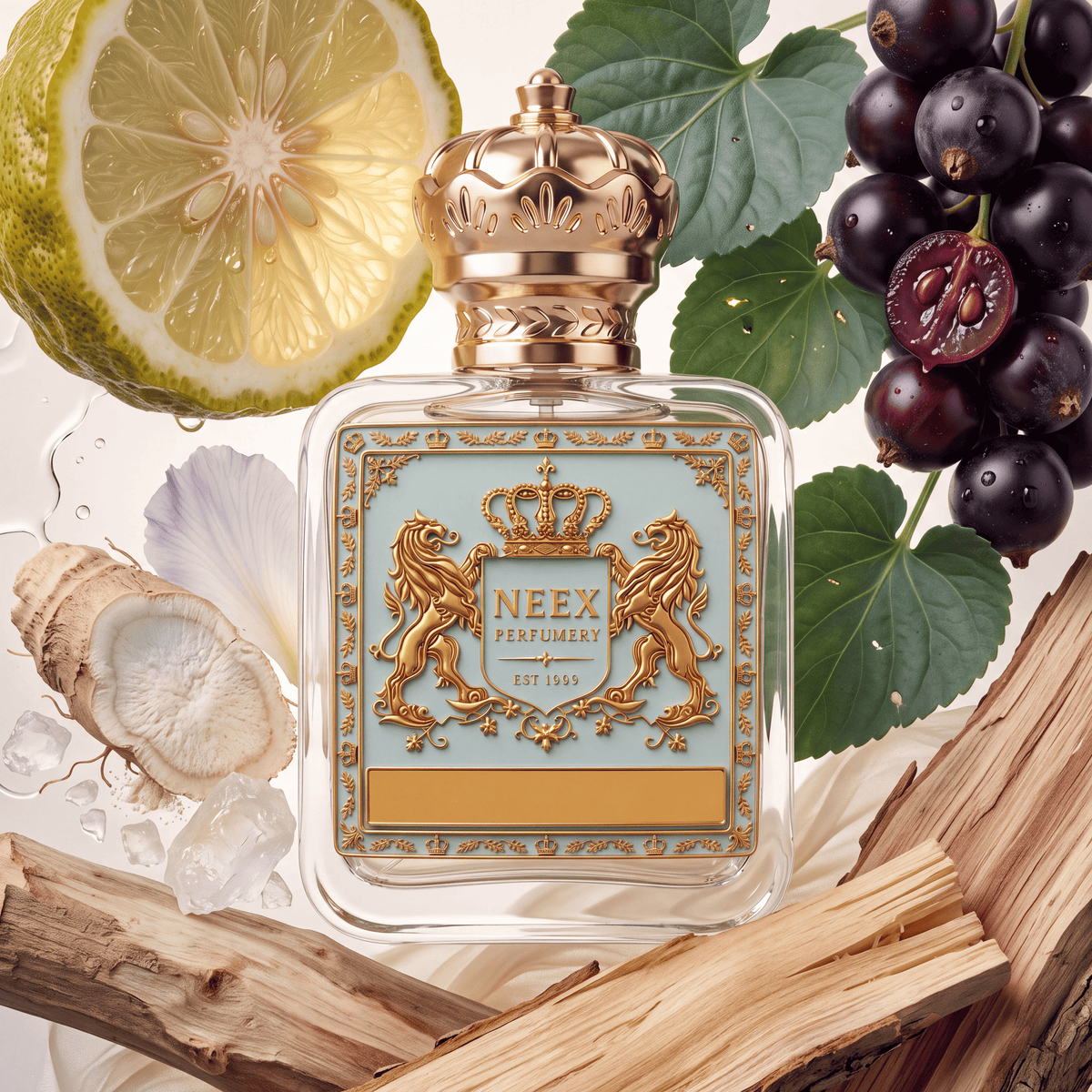 A square glass perfume bottle with a gold crown cap and ornate gold crest label reading NEEX PERFUMES, surrounded by styled ingredients including a sliced lime, dark berries, green leaves, ice, and wood pieces on a light background.