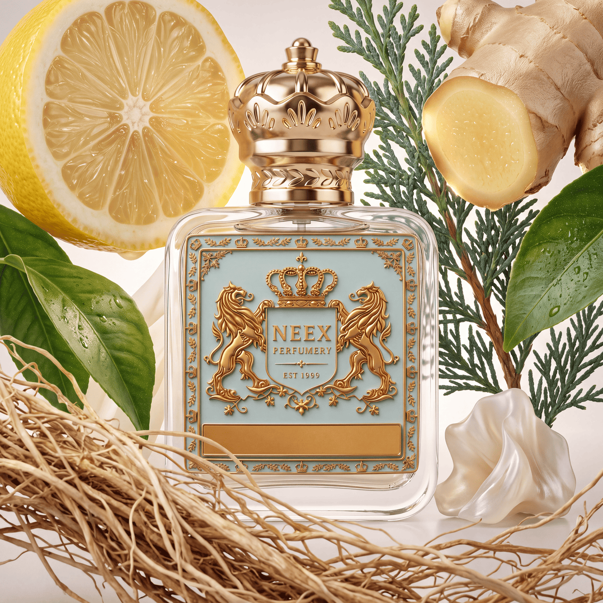 A square glass perfume bottle with a gold crown cap and ornate gold crest label reading NEEX PERFUMERS, styled with lemon slices, ginger root, green leaves, and dried twigs on a light neutral background.