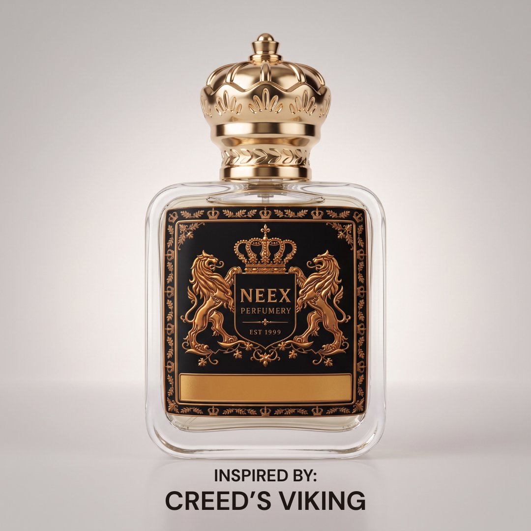 Neex Perfumery perfume bottle featuring a gold crown cap and black crest label, displayed against a clean, neutral studio background with text below indicating it is inspired by Creed's Viking.