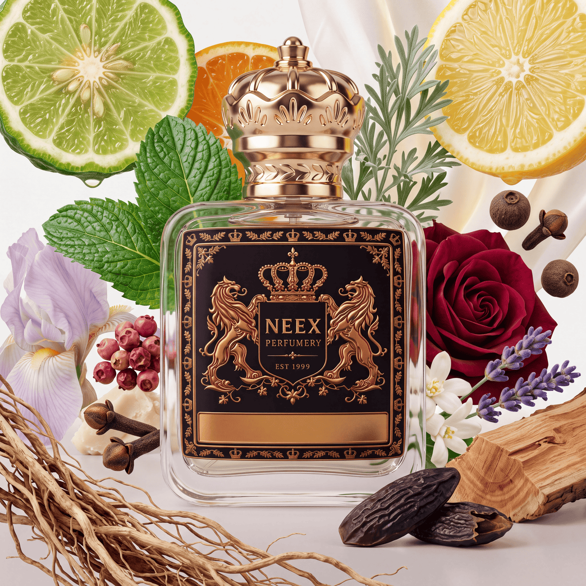 A clear rectangular perfume bottle with a gold crown cap and a black front label reading NEEX PERFUMERY, surrounded by botanical and citrus ingredients including lime, orange, rose, lavender, cinnamon, and wood on a white background.
