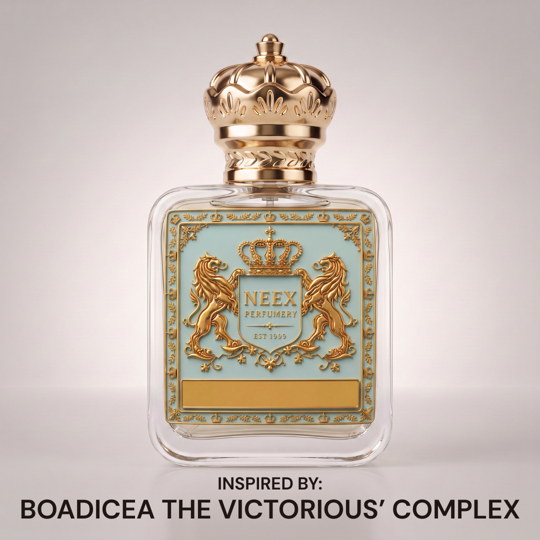 Front view of NEEX Complicated perfume bottle featuring a gold dual-lion crest, metallic crown cap, and filigree border against a neutral studio background.