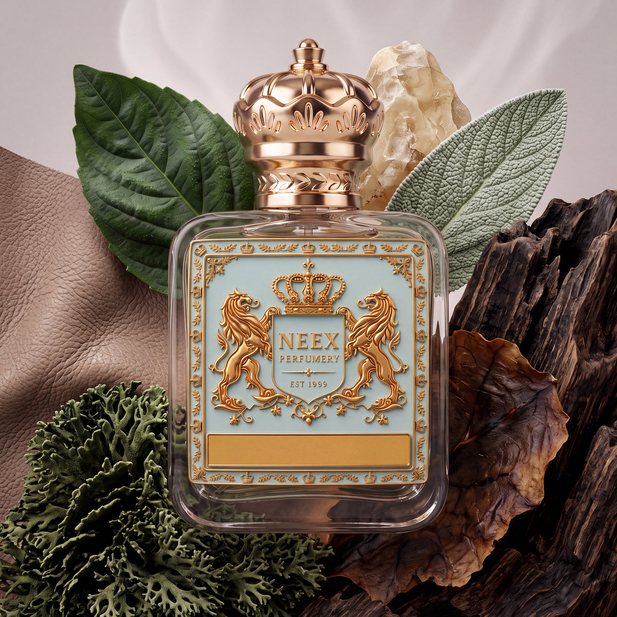 Flat-lay composition of NEEX Complicated perfume displaying key notes: textured leather, aromatic sage, natural resin, tree bark, and forest moss.