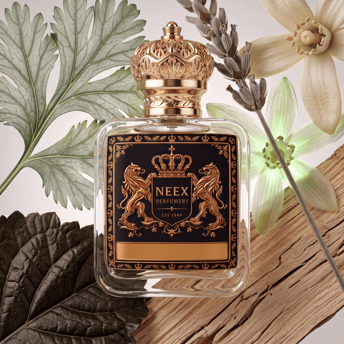 Neex Perfumery perfume bottle topped with a gold crown cap and featuring a black crest label with gold metallic heraldry, resting on a rustic wood plank and surrounded by silvery wormwood leaves, a dark patchouli leaf, dried lavender stalks, and delicate white star-shaped blossoms.