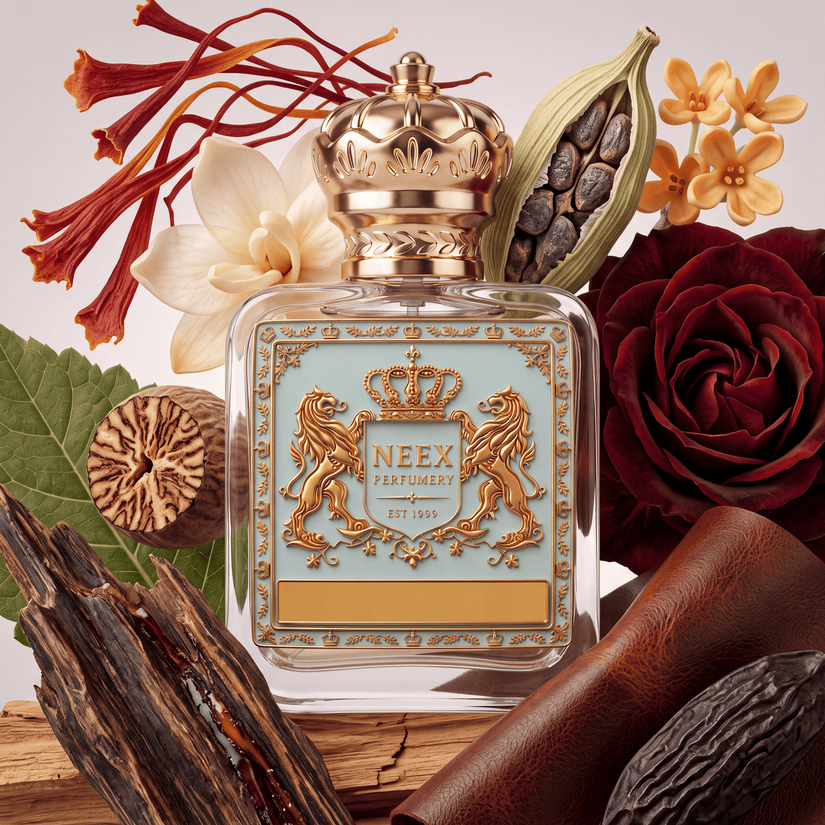 Neex Perfumery perfume bottle featuring an ornate gold crown cap and a light pastel blue crest label with gold metallic detailing, surrounded by saffron threads, a white flower, a sliced cardamom pod, small yellow orange blossoms, a deep red rose, rolled brown leather, a nutmeg seed, green leaves, and rich resinous agarwood (oud) logs resting on light timber.   