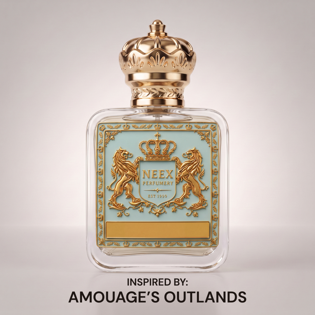 Neex Perfumery Neex Crisp Spice perfume bottle with gold crown cap and light blue label, inspired by Amouage's Outlands fragrance.
