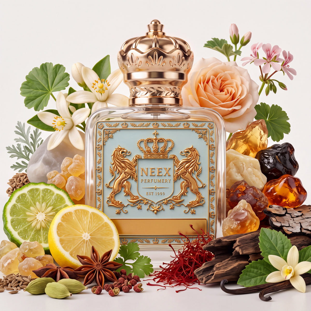 Neex Crisp Spice fragrance bottle surrounded by raw notes of sliced bergamot, lemon halves, star anise, green cardamom pods, pink pepper, saffron threads, peach gardenia blossoms, orange flowers, frankincense tears, amber resin, vanilla orchid, and dark woods.