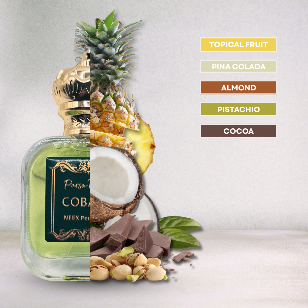 Luxury fragrance with tropical fruits, pistachio, coffee – fun & indulgent
