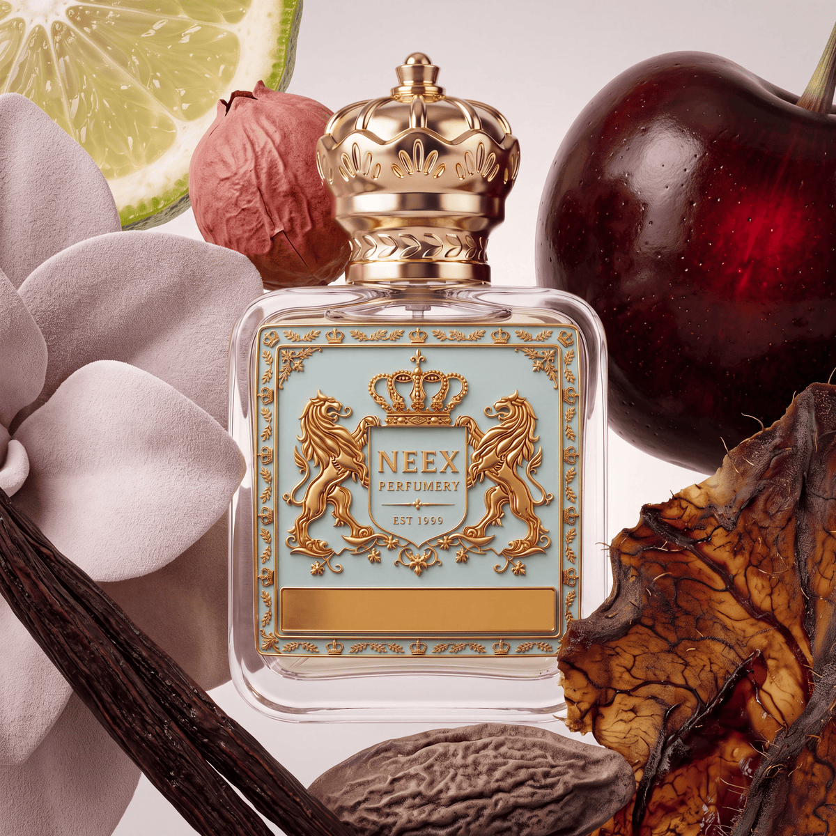Neex Perfumery luxury perfume bottle featuring a gold crown cap and pastel blue crest label, surrounded by a ripe dark cherry, fresh bergamot slice, vanilla pods, tonka bean, pink orchid blossom, and dry tobacco leaves.