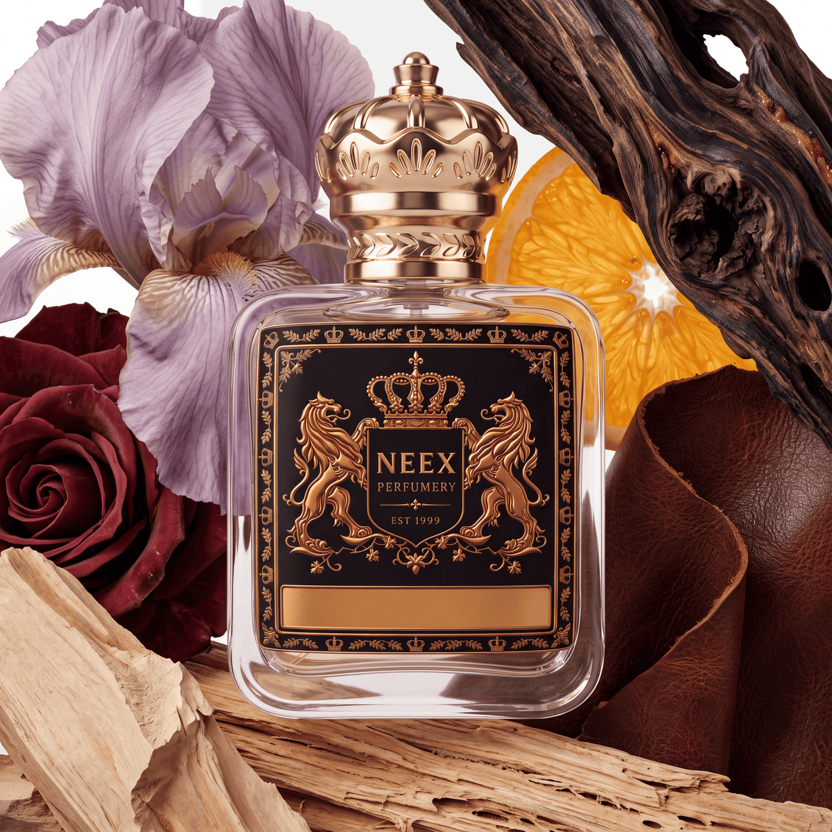 Neex Perfumery perfume bottle featuring an ornate gold crown cap and a sleek black crest label with gold metallic detailing, surrounded by luxurious raw ingredients including soft pale iris petals, a deep crimson red rose blossom, a bright orange citrus slice, rich dark folded leather, gnarled dark wood, and smooth light wood chips.   