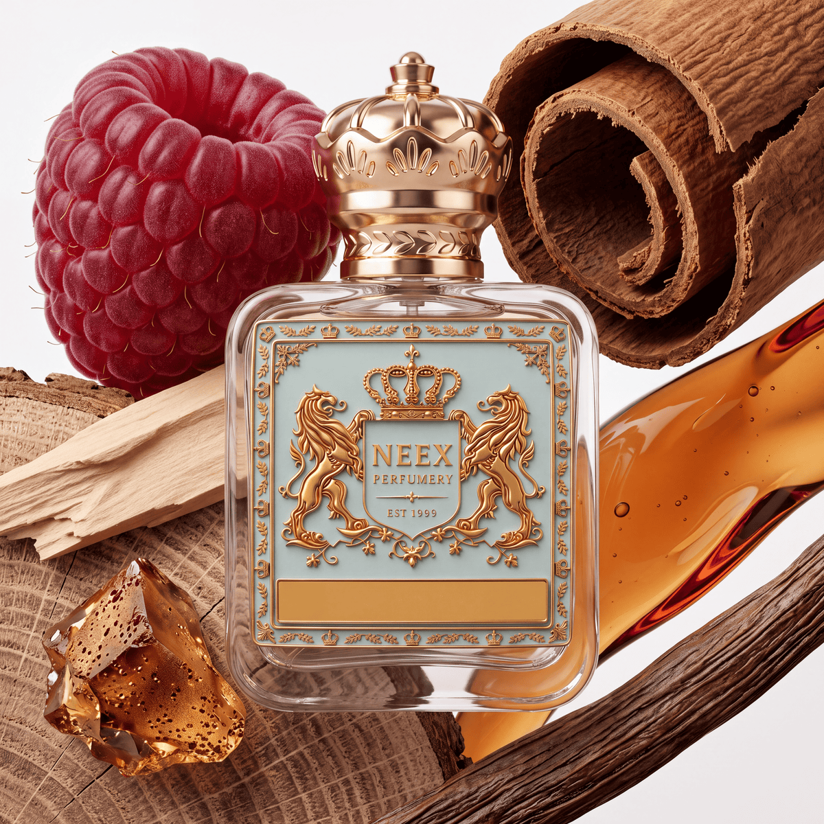 Neex Perfumery perfume bottle featuring an ornate gold crown cap and a light pastel blue crest label with gold metallic detailing, surrounded by gourmand note elements including a ripe red raspberry, a large rolled cinnamon bark curl, rustic wood timber logs and cross-sections, a piece of translucent amber caramel, and a swirl of golden syrup liquid.