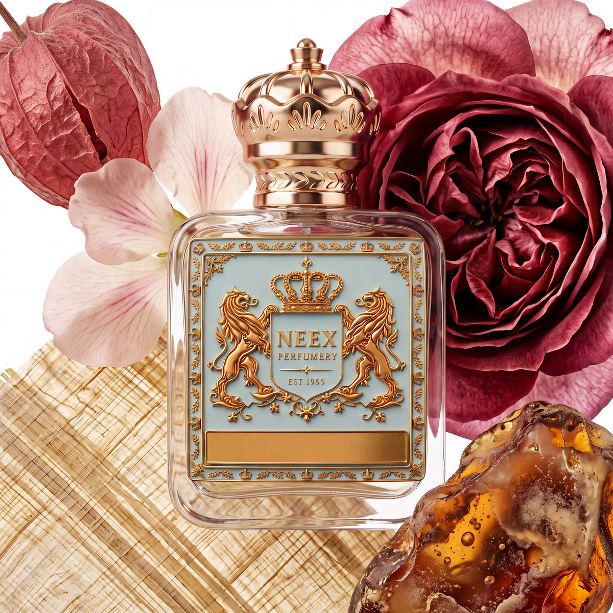 Neex Perfumery perfume bottle topped with an ornate gold crown cap and featuring a light pastel blue crest label with gold metallic heraldry, surrounded by a dried reddish-brown botanical pod, delicate pale pink petals, a lush deep burgundy rose bloom, woven fibrous texture, and a luminous golden amber stone.   