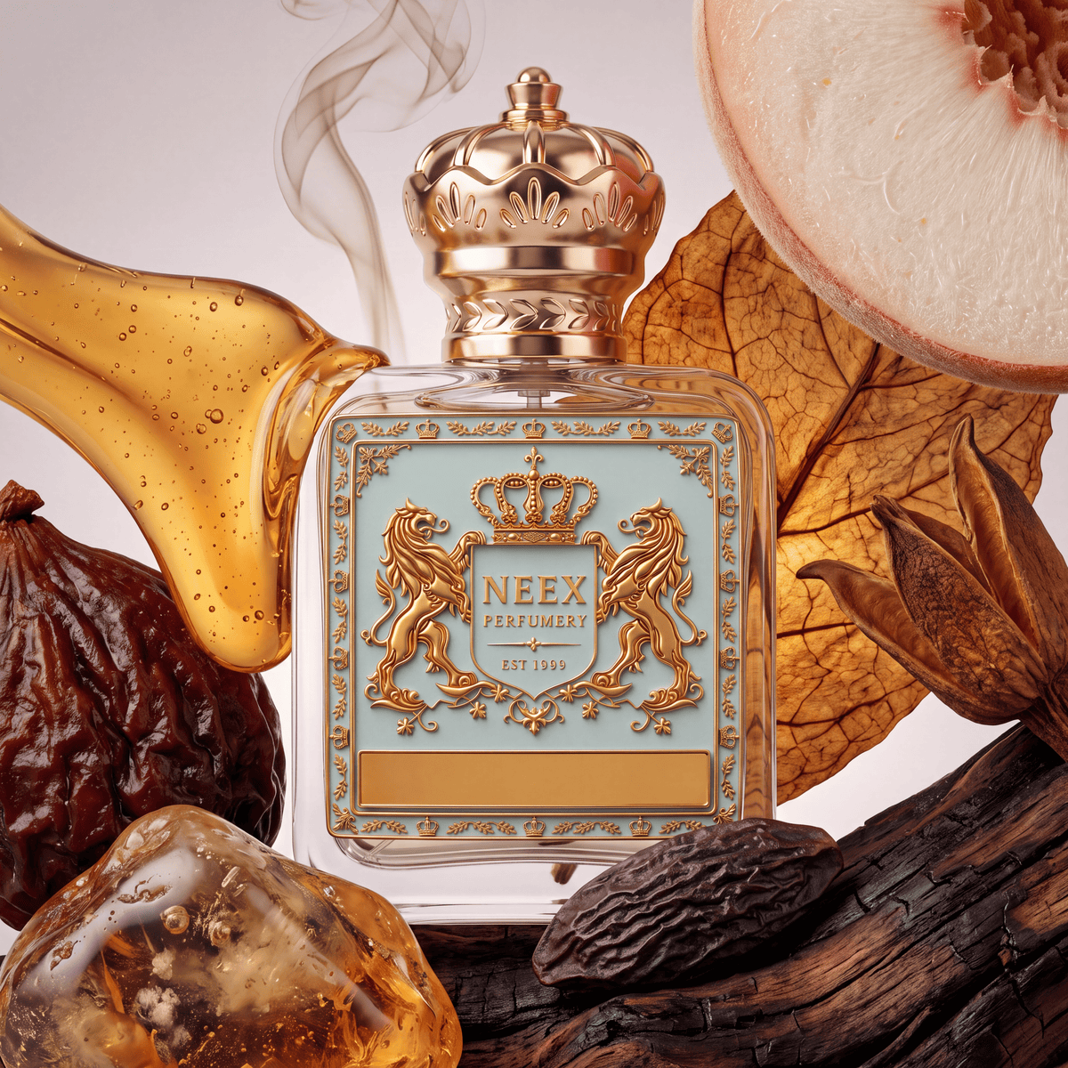 Neex Perfumery perfume bottle featuring an ornate gold crown cap and a light pastel blue crest label with gold metallic detailing, surrounded by rich accord elements including a wave of golden honey, a dried fig, glowing raw amber pieces, a whole peach half, dark dried tobacco leaf, tonka beans, and a rough weathered wooden branch with swirling wisps of smoke in the background.   