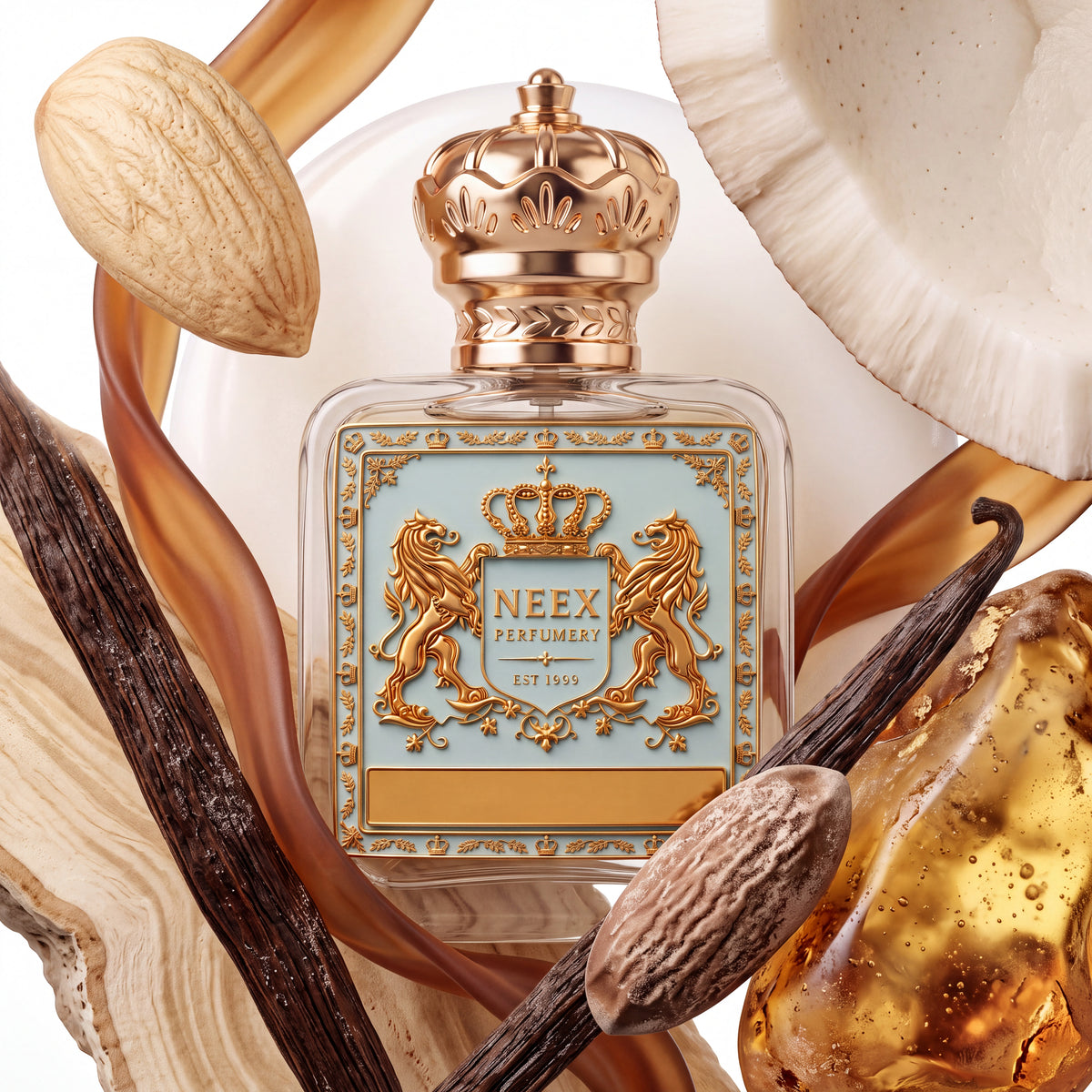 Neex Perfumery perfume bottle topped with an ornate gold crown cap and featuring a light pastel blue crest label with gold metallic heraldry, surrounded by an intact almond, a split coconut shell, cured vanilla pods, flowing amber caramel ribbons, a whole nutmeg seed, and a large translucent amber crystal.   