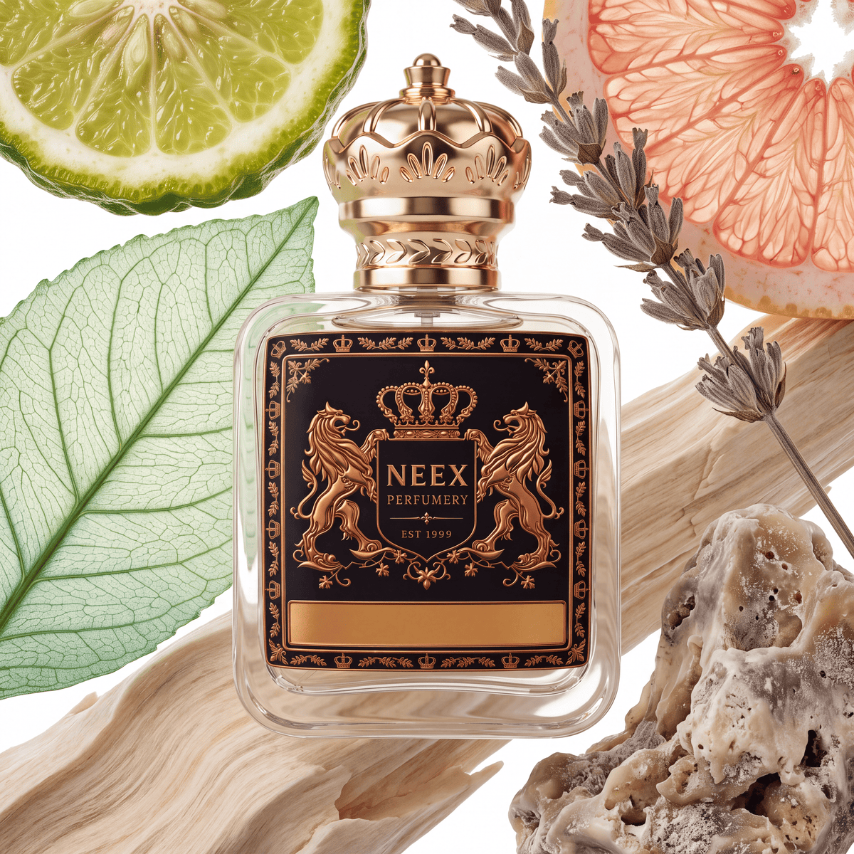 Neex Perfumery perfume bottle featuring an ornate gold crown cap and a dark black crest label with gold metallic heraldry, compositionally styled alongside fresh bergamot and pink grapefruit slices, a sprig of dried lavender, a detailed green leaf with prominent veining, driftwood, and a textured, porous grey mineral stone.   