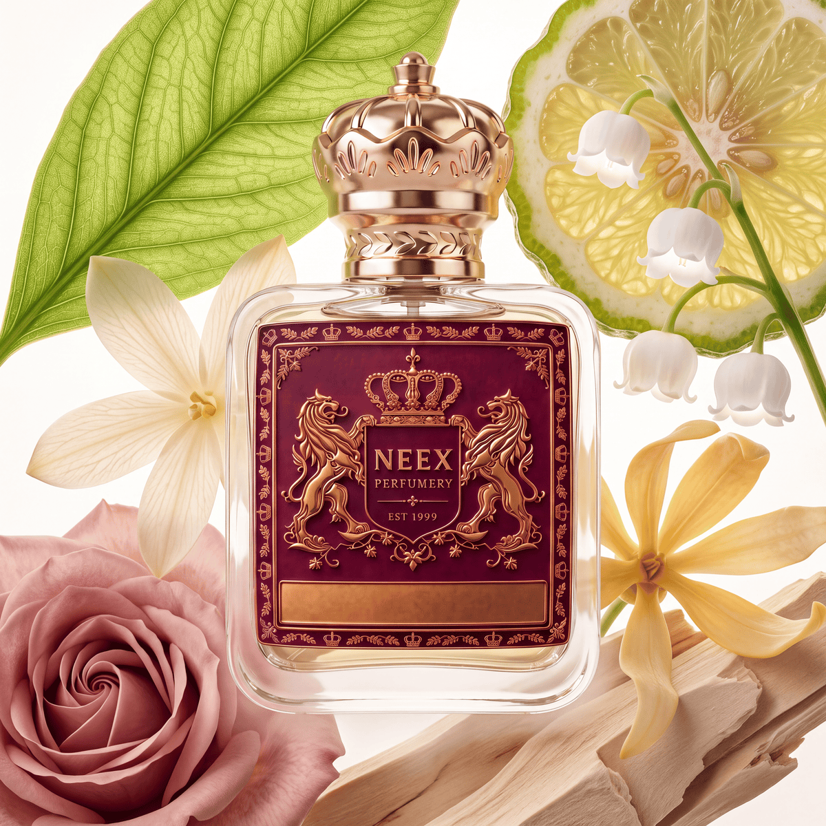 A clear glass perfume bottle with a metallic rose-gold crown cap and a deep burgundy label featuring gold lion and crown details. The bottle is surrounded by botanical props including a pink rose, yellow and white flowers, a green leaf, and a lemon slice on a white background.