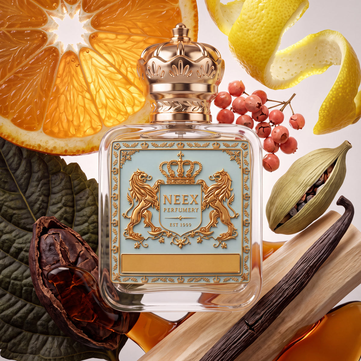 Neex Perfumery perfume bottle featuring an ornate gold crown cap and a light pastel blue crest label with gold metallic detailing, surrounded by dynamic raw ingredients including a juicy orange slice, a twisting yellow lemon peel, pink peppercorns on the stem, a green cardamom pod exposing dark seeds, a cured vanilla bean pod, a cracked cacao pod shell with dark resin, a large dark leaf, pale wood blocks, and liquid golden amber drips.