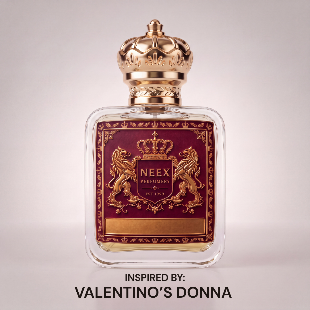 Neex Perfumery perfume bottle featuring an ornate gold crown cap and deep burgundy crest label, centered against a clean off-white studio background with text below reading "INSPIRED BY: VALENTINO'S DONNA".   