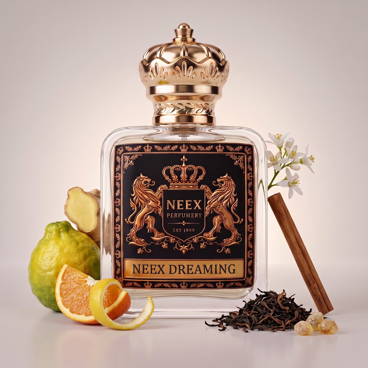 A clear glass perfume bottle with a gold crown cap and a black label featuring gold lion and crest artwork. The bottle is centered on a light neutral background and is styled with fragrance ingredients including a green citrus fruit, orange slices, a cinnamon stick, dried tea leaves, and small white blossoms.