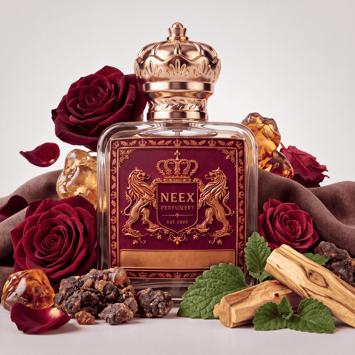 Neex Dried Rose fragrance bottle set against rich brown fabric, surrounded by deep red roses, loose rose petals, dark frankincense resins, golden amber chunks, fresh green mint leaves, and sandalwood logs.