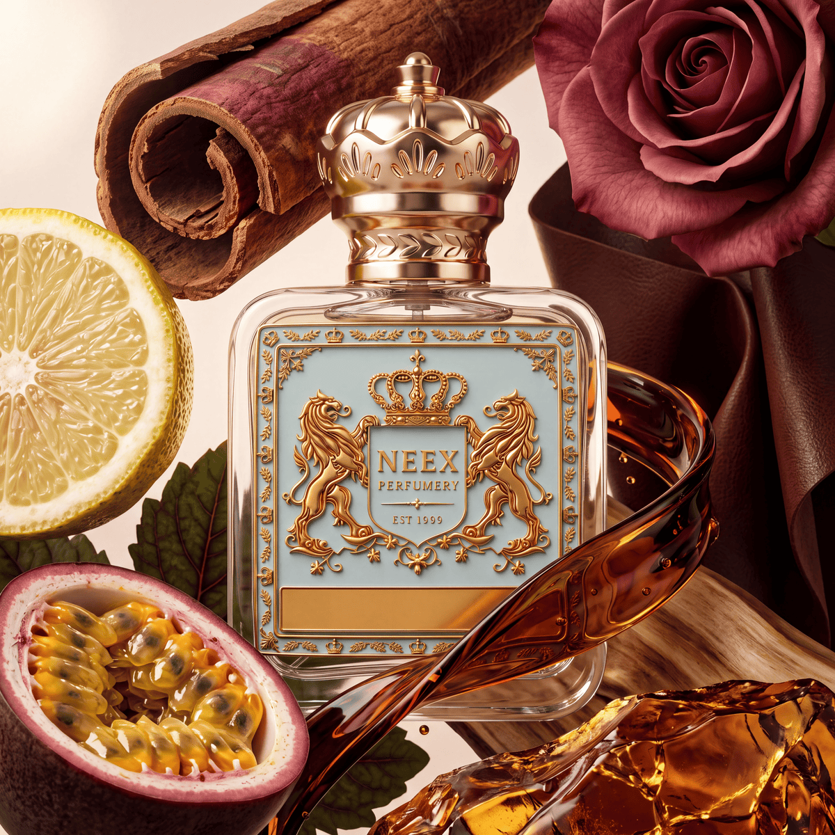 Neex Perfumery perfume bottle with light duck-egg blue crest label, styled in an ingredient flat-lay with dark rum splash, sliced passionfruit, lemon, cinnamon bark, deep red rose, and amber resins.   