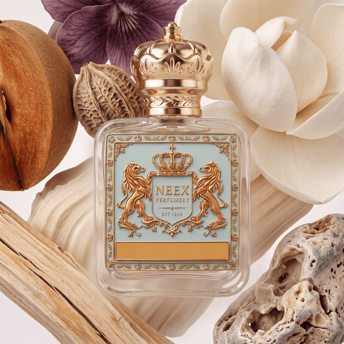 Neex Perfumery perfume bottle topped with an ornate gold crown cap and featuring a light pastel blue crest label with gold metallic heraldry, surrounded by a sliced tropical fruit, a textured botanical pod, a deep purple flower, a large white blossom, pale wood pieces, and a porous mineral stone.   