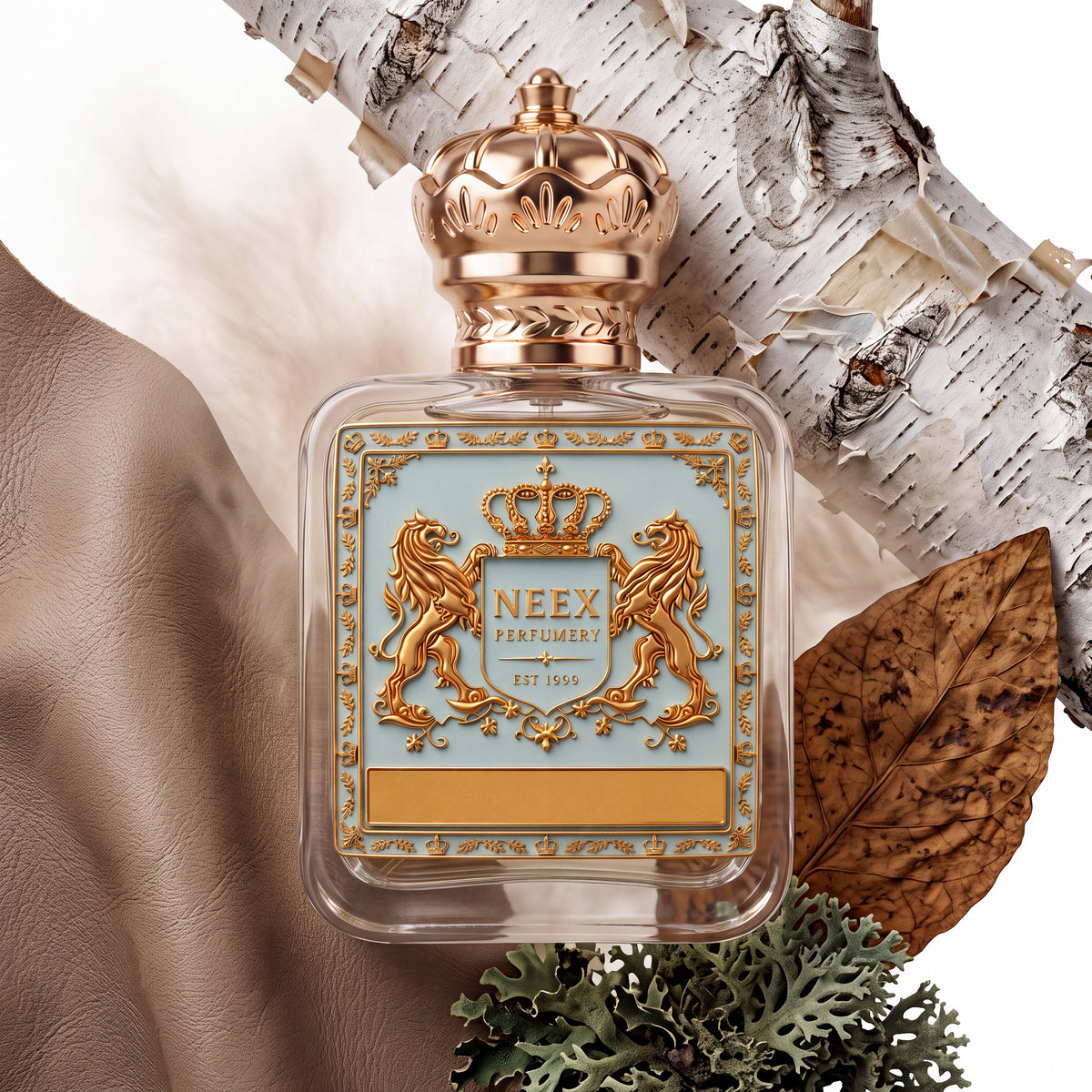 Neex Perfumery perfume bottle topped with an ornate gold crown cap and featuring a light pastel blue crest label with gold metallic heraldry, surrounded by a textured piece of white birch bark, supple tan leather folds, a dry brown leaf, and earthy green moss.   