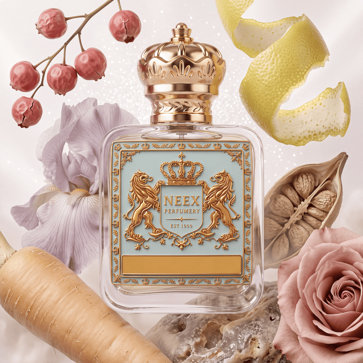 Neex Perfumery perfume bottle featuring an ornate gold crown cap and a light pastel blue crest label with gold metallic detailing, surrounded by a soft lavender iris petal, pink peppercorns on a sprig, a twisted lemon peel twist, a raw carrot root, an open seed pod, and a dusty pink rose blossom resting on natural stone.   